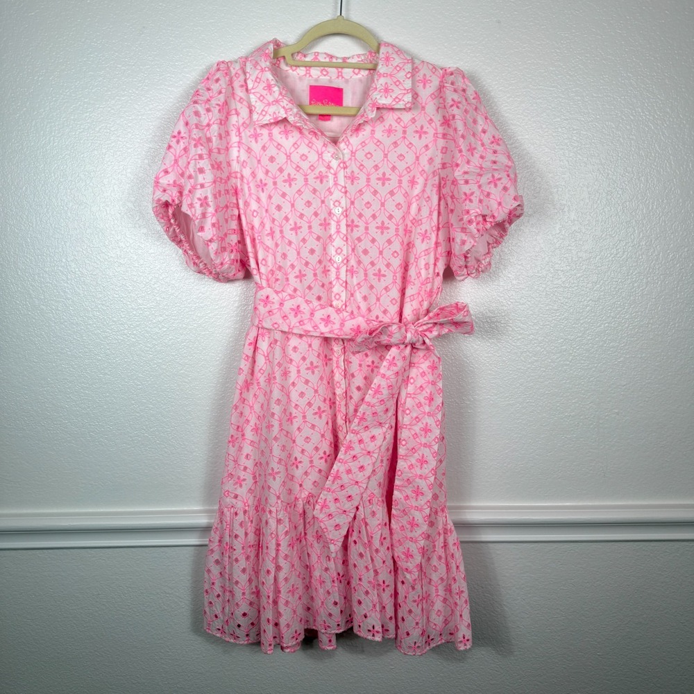 Lilly Pulitzer Cartley Elbow Sleeve Eyelet Dress Size 12 Resort Belted Cotton